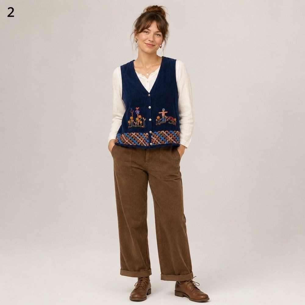 Vintage VJ Woman Vest Womens Plus 2X Navy Blue Fall Scarecrow Embroidered Cotton